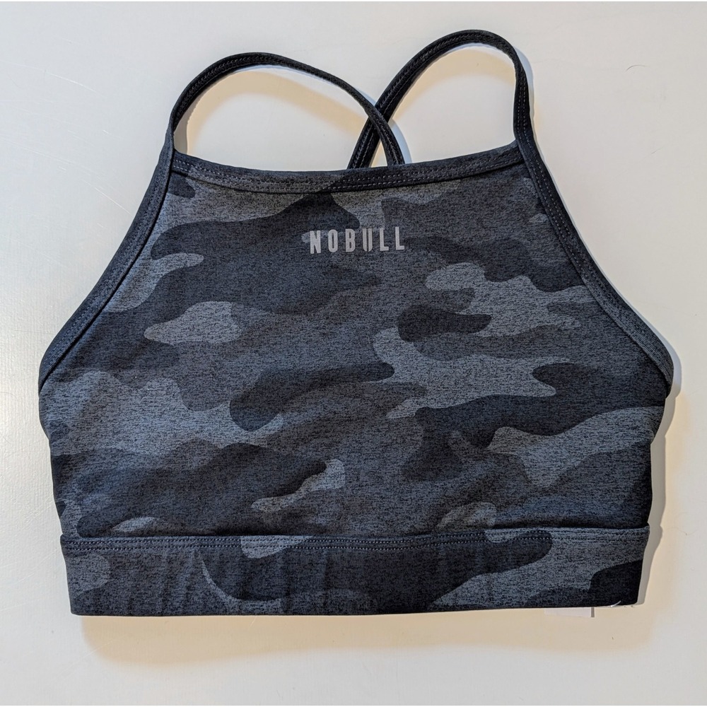 NOBULL High-Neck Sports Bra Dark Grey Black Camo Strappy Back Size Small Workout